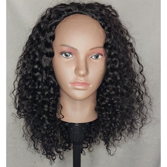 OQ Water Wave Human Hair 18" Curly Half Wig 180% Density Glueless 3 in 1 Black - Picture 2 of 9